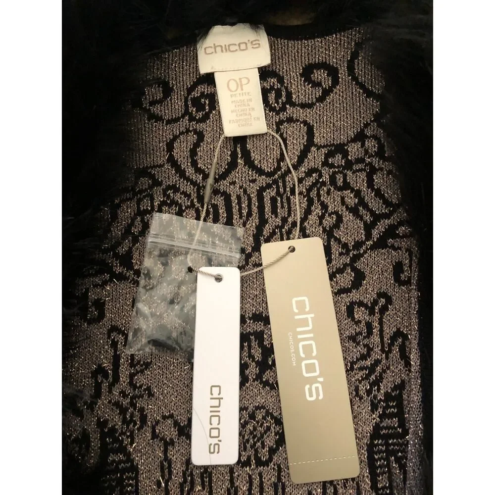 NWT Chicos Faux Fur Collar Lurex Cardigan Sweater Long Black Gold Metallic 0P/ S
